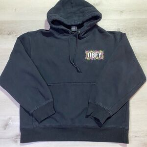 Obey Black Floral Front and Back Graphic Hoodie, Size Medium